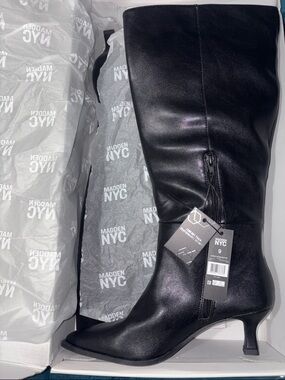 Madden NYC Black Mid-Calf Leather Heeled Boot - Size 9